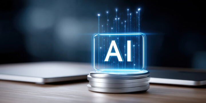 Data illuminated AI hologram on desk glowing futuristic tech symbol