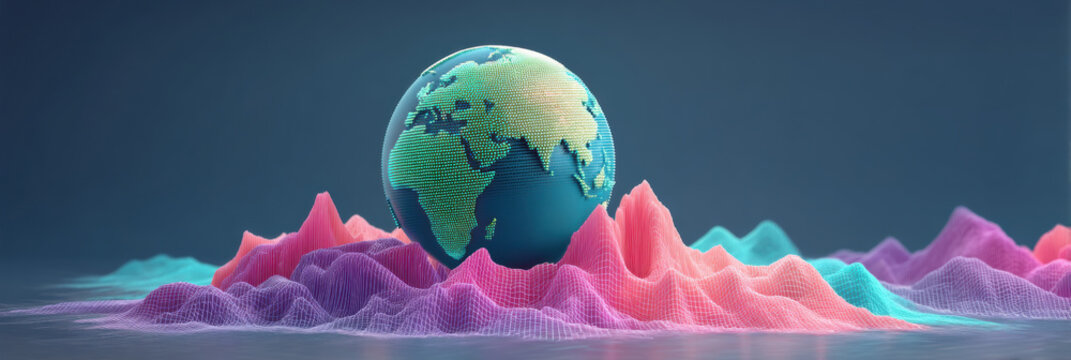 Data visualization globe over colorful data landscape with digital grid and futuristic glow - Powered by Adobe