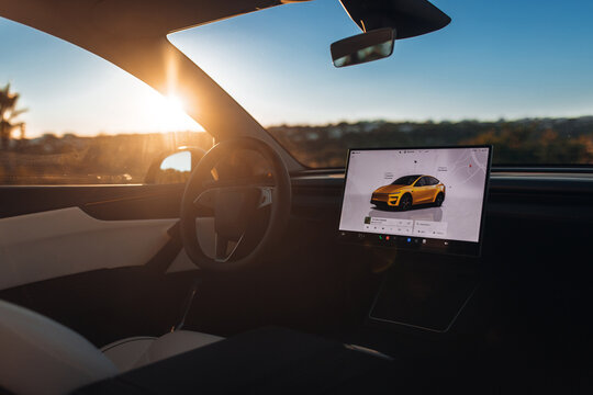 Tesla Model Y Performance interior at the sunset