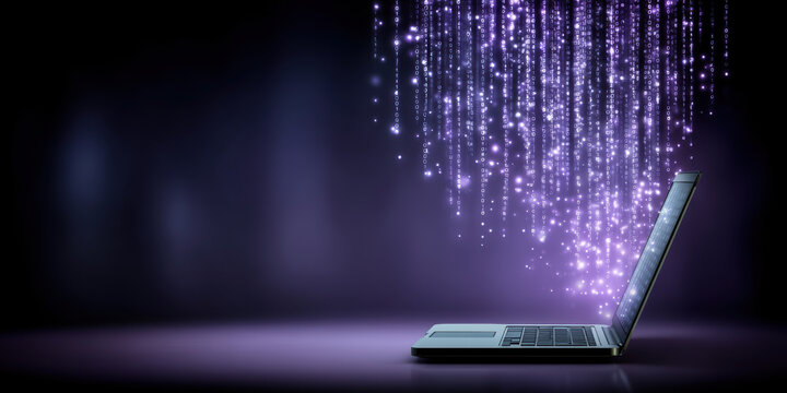 Data flowing from laptop creates glowing digital cascade of purple lights and sparks