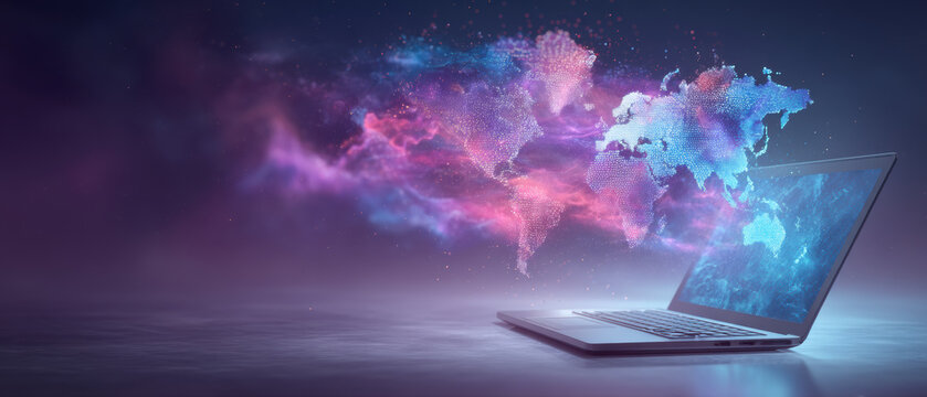 Data flowing from laptop forms colorful world map and cloud network in abstract digital scene