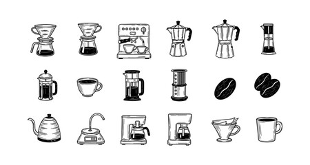 Hand drawn coffee makers and accessories collection for brewing enthusiasts