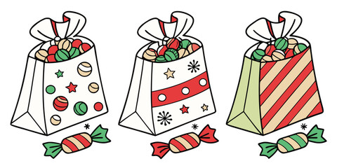 Three festive holiday gift bags filled with colorful candies and decorated with festive patterns, with individual candies scattered below each bag.