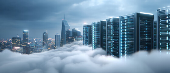 Data cloud serverscape skyline with glowing data center racks above city cloudscape