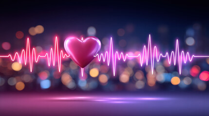 Data heart rhythm glowing neon heartbeat love pulse waveform city bokeh night health cardiology