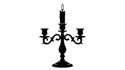 Obraz premium Vintage ornate candelabra with lit candle black silhouette isolated on white background
