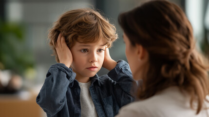 Upset youngster with parent faceless child adult defocused home background emotional moment scene behavioral challenge visualization developmental guidance display with copy