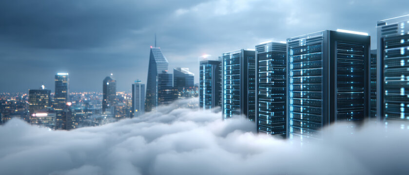 Data cloud serverscape skyline with glowing data center racks above city cloudscape
