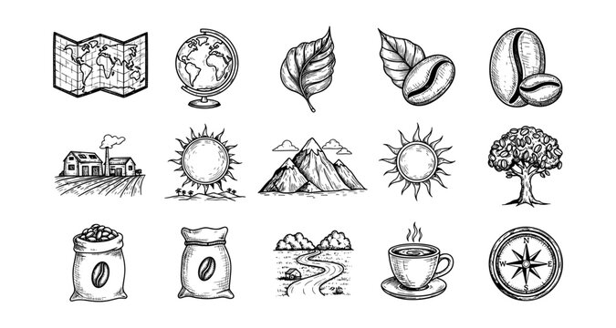 Vintage hand drawn coffee and travel icons in rustic style