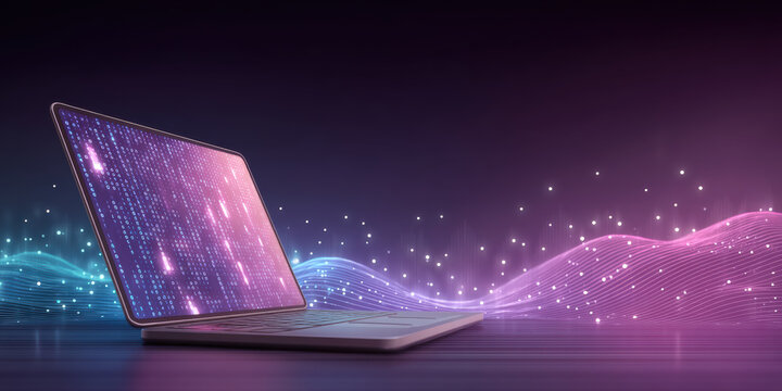 Data glowing wave of digital data flowing from laptop creating futuristic network connection