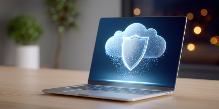 Cloud shield protecting data center and network security with glowing hologram