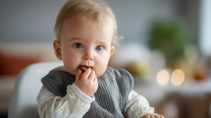 Food and treat with infant in residence faceless baby defocused living room background teething nutrition calcium snack growth eating weaning healthy diet hungry development