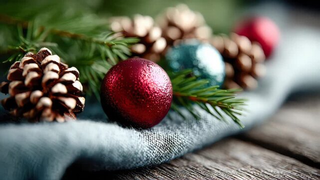 Close-up of Christmas ornaments and pine cones on a rustic wooden surface with evergreen branches