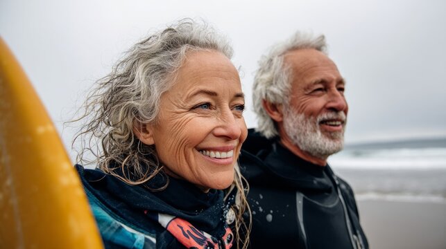 Man and woman at beach, smiling, surfing gear, ocean, sandy shore, leisure, adventure, outdoor recreation, nature, joy, companionship, relaxation, fun, enjoyment, exploration - Powered by Adobe