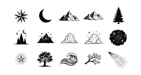 Nature icon set with celestial and mountain elements in black and white style