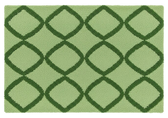 Green looped pile rug with modern interlocking diamond pattern creating a fresh textile background