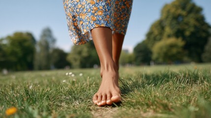 Woman walking barefoot in park.