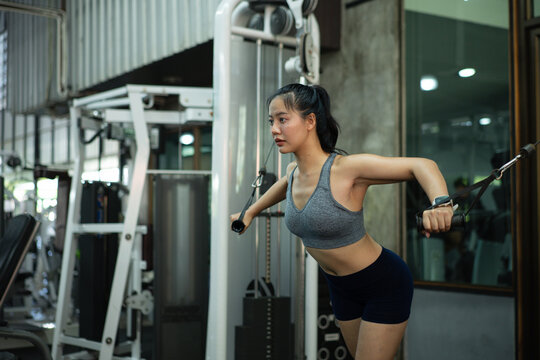 A woman exercise chest workout on cable chest press machine, Fitness and workout concept