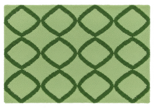 Green looped pile rug with modern interlocking diamond pattern creating a fresh textile background