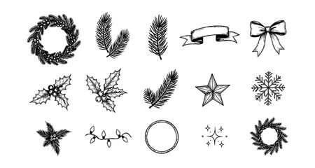 Vintage hand-drawn christmas elements: pine, holly, and festive decorations