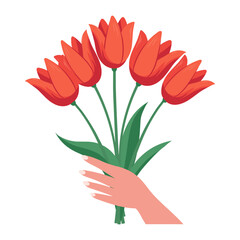 Elegant bouquet of red tulips in hand. Flower gift bouquet. Illustration.