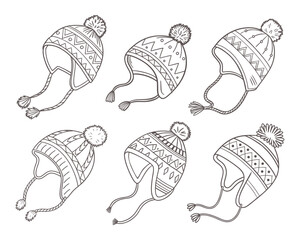 Collection of winter hats with pom poms and earflaps. Line art illustration.