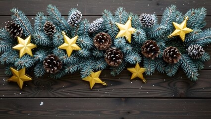 Festive Winter Garland with Pinecones and Golden Stars on Dark Wood Background Christmas