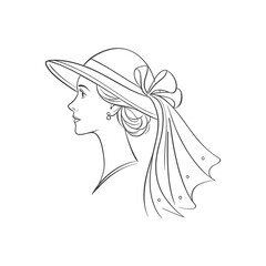 Beautiful woman in a vintage hat with a veil. Profile. Line art Illustration.