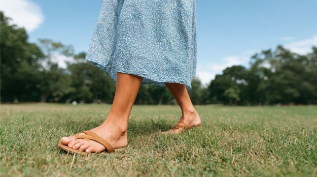 Woman walking barefoot in grassy field.