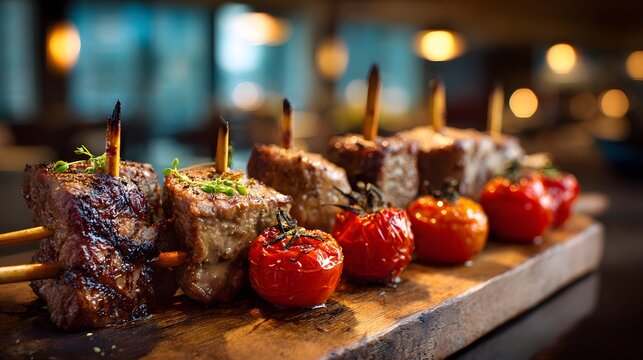Grilled beef cubes on wooden skewers are served alongside charred cherry tomatoes on a dark cutting board. - Powered by Adobe