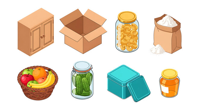 Isometric kitchen and pantry items food storage, dry goods, fresh fruits, and preserved foods for home cooking, organization, and daily essentials