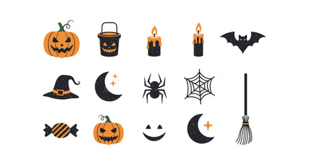 Halloween symbols collection: pumpkin, bat, spider, witch hat, and more in flat style