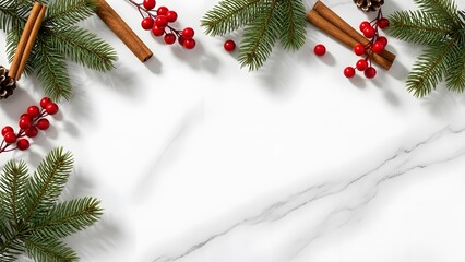 Festive Holiday Border Frame with Pine Branches Red Berries and Cinnamon on White Marble Background Christmas