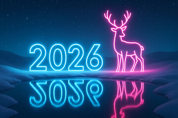 New Year's card 2026. Neon numbers 2026 and a neon image of a deer against the background of a snowy forest.
