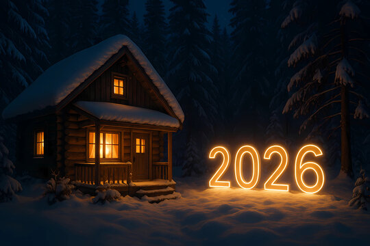 The numbers 2026 against the background of a rustic cottage in a twilight landscape.
