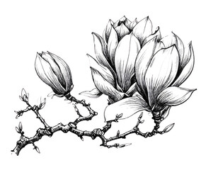 Elegant magnolia flower illustration botanical black and white drawing branch