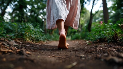 Woman walking barefoot down a dirt path in a forest.