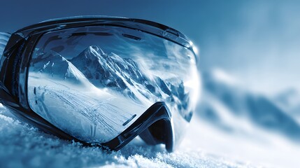 Protective eyewear rests on fresh snow reflecting a dramatic alpine landscape