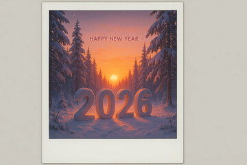 New Year's card 2026 in the polaroid style. The numbers 2026 against the background of a snow-covered forest and a bright sunset.