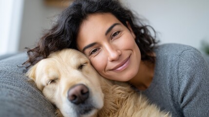 Woman cuddling her sleepy golden retriever on a gray sofa, sharing a peaceful moment of love, trust and companionship at home, relaxed and content together