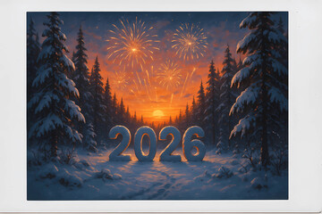 New Year's card 2026 in the polaroid style. The numbers 2026 against the background of a snow-covered forest and a bright sunset.