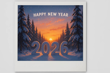 New Year's card 2026 in the polaroid style. The numbers 2026 against the background of a snow-covered forest and a bright sunset.