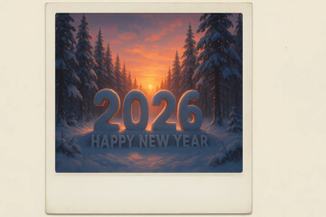 New Year's card 2026 in the polaroid style. The numbers 2026 against the background of a snow-covered forest and a bright sunset.