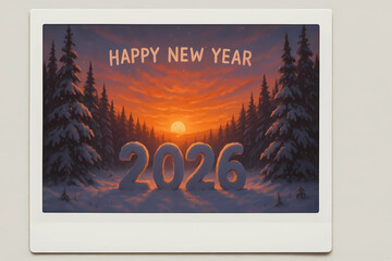 New Year's card 2026 in the polaroid style. The numbers 2026 against the background of a snow-covered forest and a bright sunset.