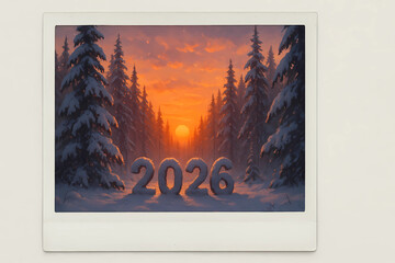 New Year's card 2026 in the polaroid style. The numbers 2026 against the background of a snow-covered forest and a bright sunset.