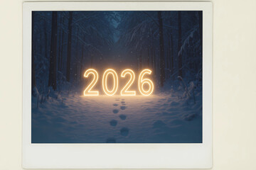 New Year's card 2026 in the polaroid style. Glowing numbers of 2026 against the background of a twilight winter forest. The footprints of Santa Claus lead deep into the forest