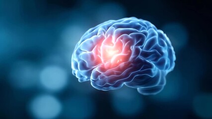 Intricate glowing blue brain with defocused vibrant red core, faceless neural activity, cognitive visualization detail, blurred neuroscience background, function concept, medical i - Powered by Adobe