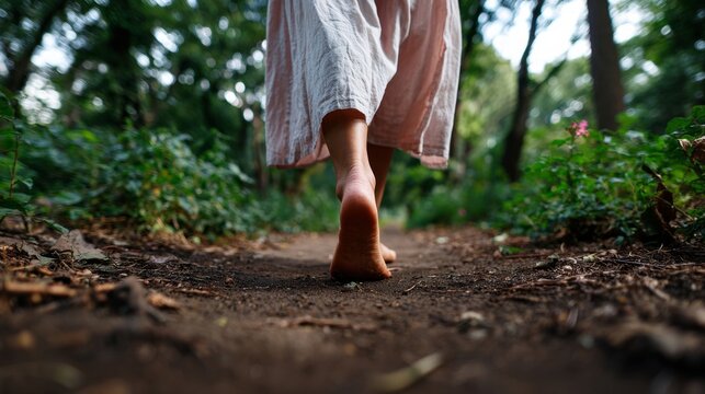 Woman walking barefoot down a dirt path in a forest.