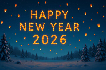 New Year's card 2026. Numbers 2026 made up of bright lights. Against the background of the sky and bright Chinese lanterns