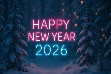 New Year's card for 2026. The non-standard numbers 2026 and the inscription "Happy New Year" against the background of a dark winter forest.